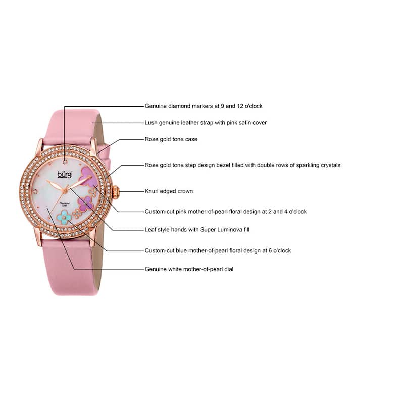 Burgi Women's Swiss Quartz Floral Swarovski Crystal Strap Watch - Pink