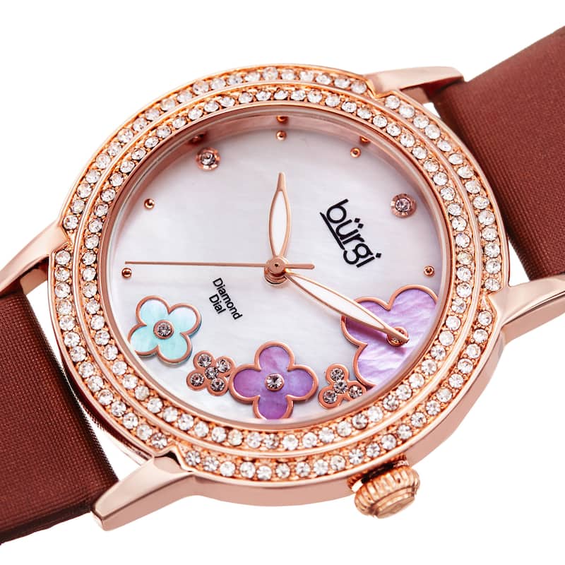 Burgi Women's Swiss Quartz Floral Swarovski Crystal Strap Watch - Gold