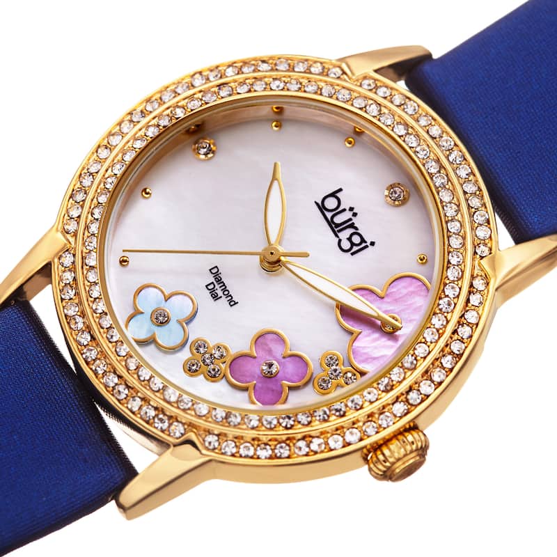 Burgi Women's Swiss Quartz Floral Swarovski Crystal Blue Strap Watch
