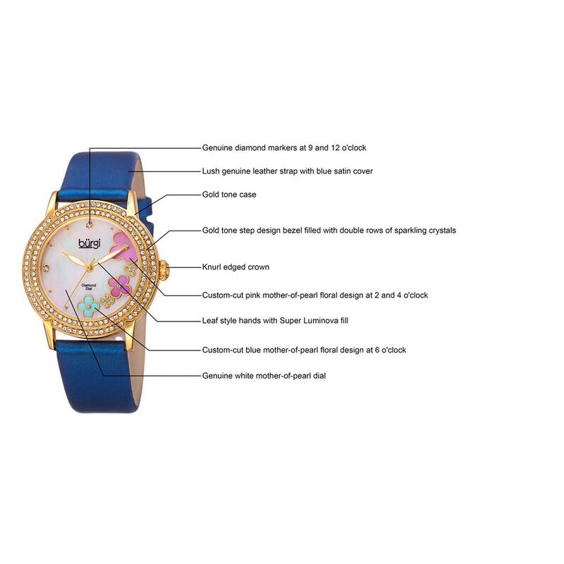 Burgi Women's Swiss Quartz Floral Swarovski Crystal Blue Strap Watch