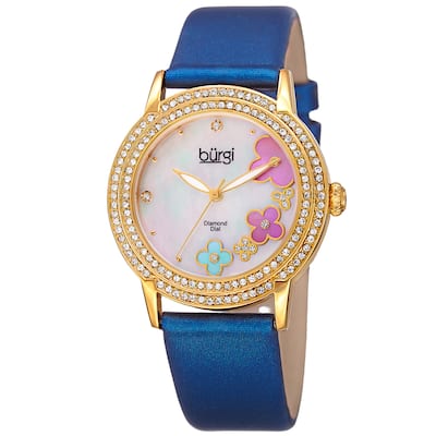 Burgi Women's Swiss Quartz Floral Swarovski Crystal Blue Strap Watch