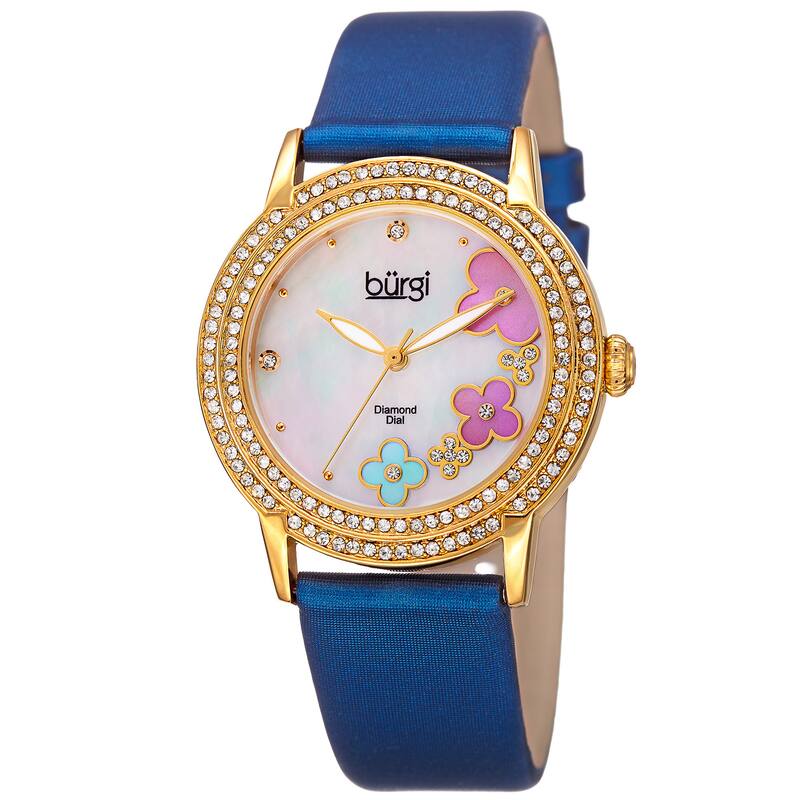 Burgi Women's Swiss Quartz Floral Swarovski Crystal Blue Strap Watch