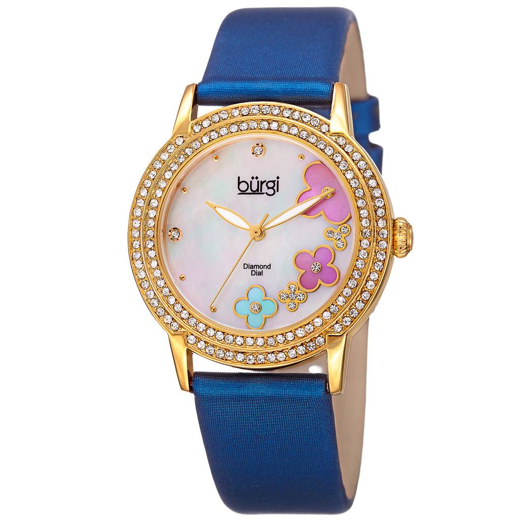 Burgi Women's Swiss Quartz Floral Swarovski Crystal Blue Strap Watch