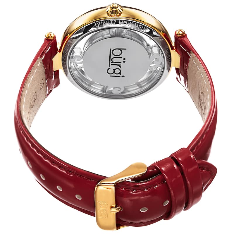 Burgi Women's Quartz Transparent Dial Leather Red Strap Watch