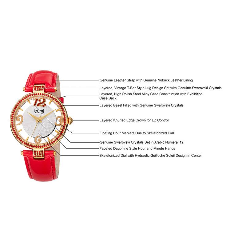 Burgi Women's Quartz Transparent Dial Leather Red Strap Watch