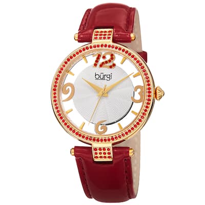 Burgi Women's Quartz Transparent Dial Leather Red Strap Watch