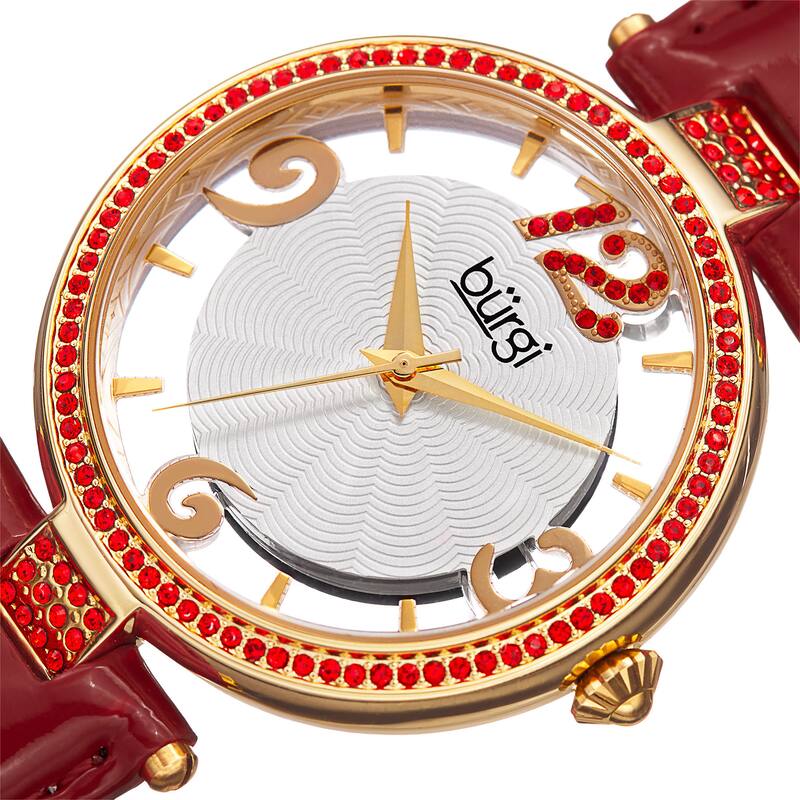 Burgi Women's Quartz Transparent Dial Leather Red Strap Watch