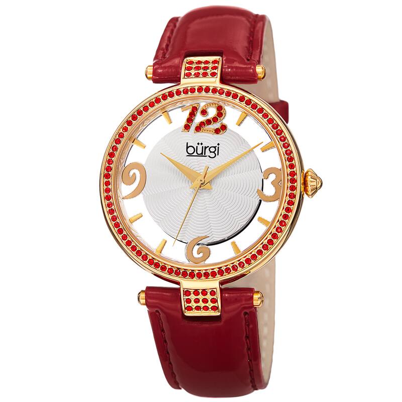 Burgi Women's Quartz Transparent Dial Leather Red Strap Watch