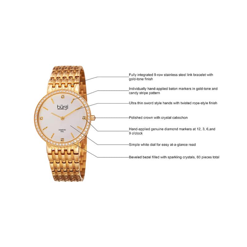 Burgi Women's Quartz Diamond Stainless Steel Gold-Tone Bracelet Watch - Gold