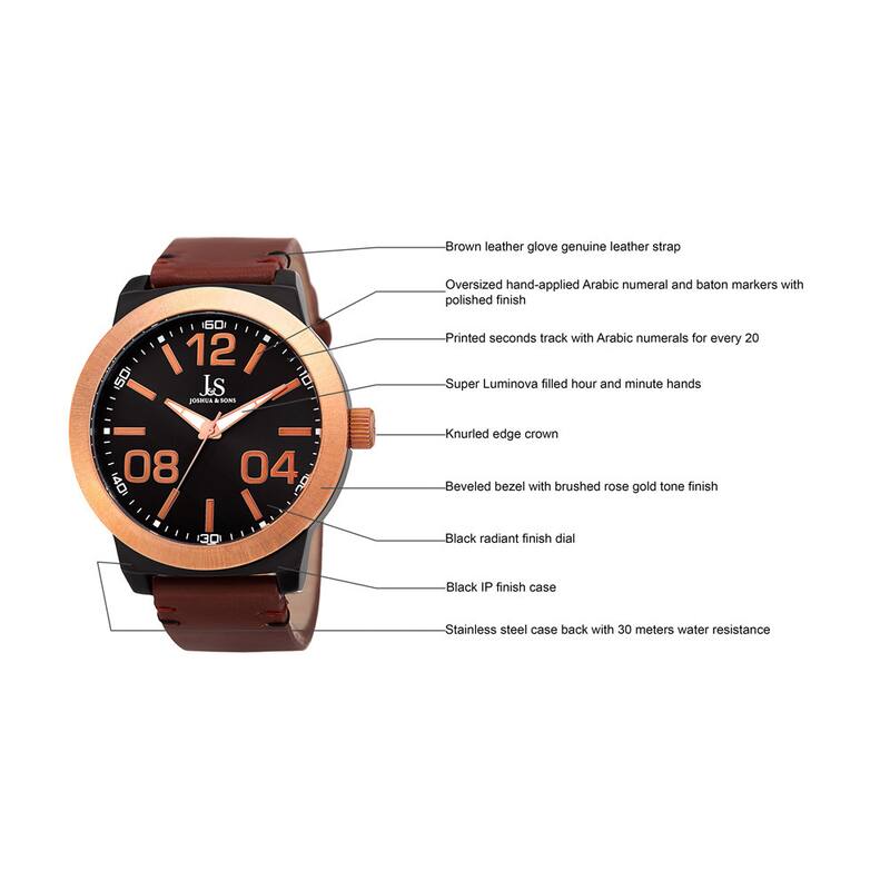 Joshua & Sons Men's Quartz Leather Rose-Tone Strap Watch