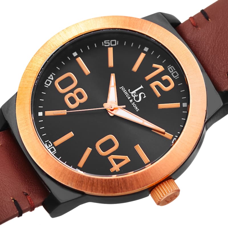 Joshua & Sons Men's Quartz Leather Rose-Tone Strap Watch