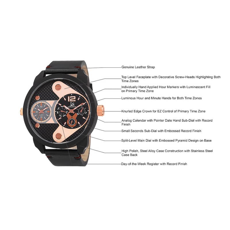 Joshua & Sons Men's Quartz Multifunction Dual Time Leather Black Strap Watch