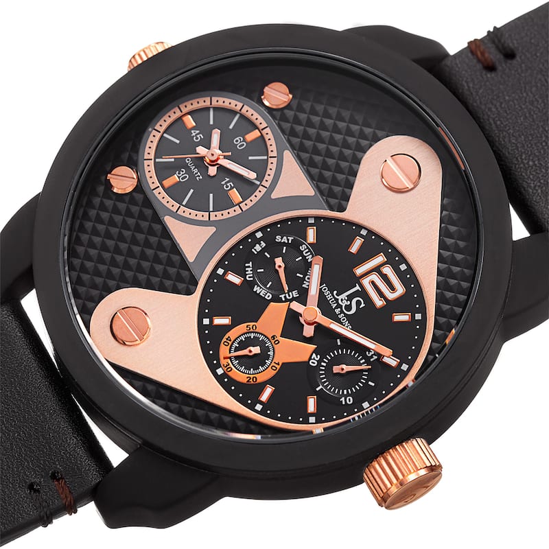 Joshua & Sons Men's Quartz Multifunction Dual Time Leather Black Strap Watch