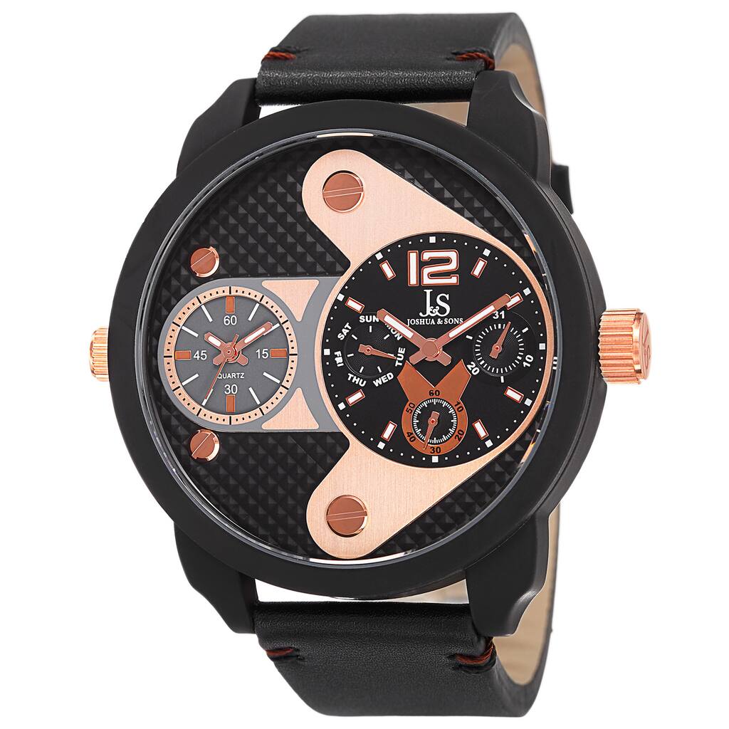 Joshua & Sons Men's Quartz Multifunction Dual Time Leather Black Strap Watch