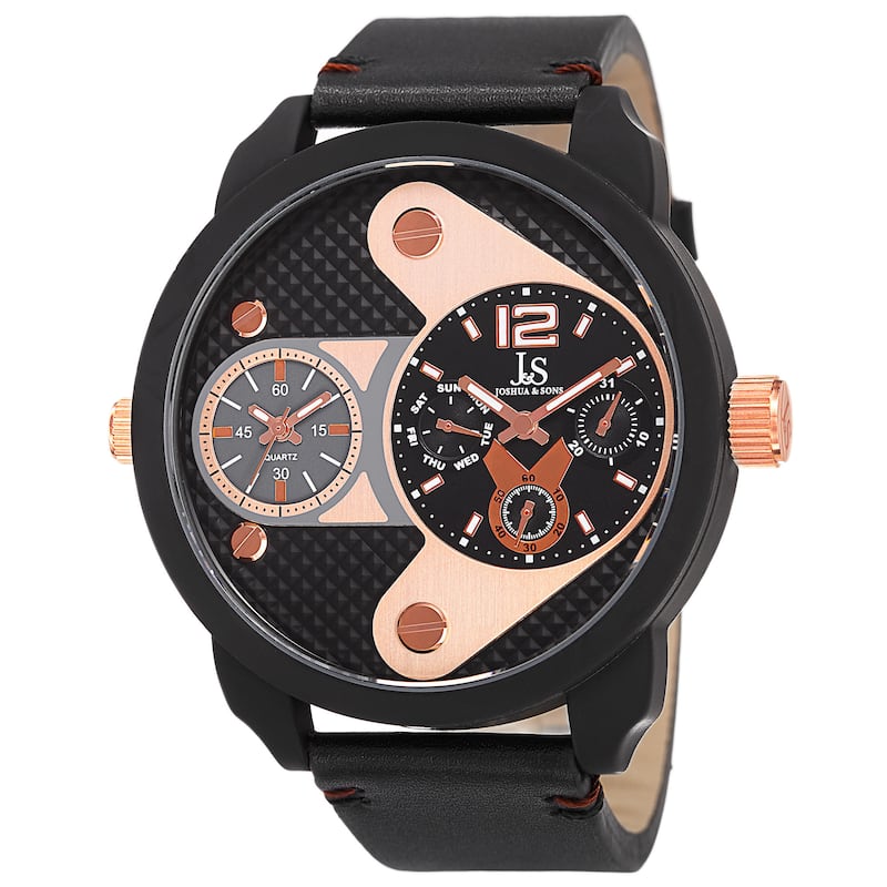 Joshua & Sons Men's Quartz Multifunction Dual Time Leather Black Strap Watch