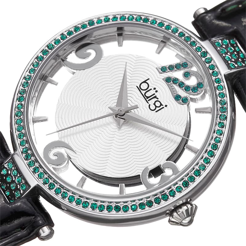 Burgi Women's Quartz Transparent Dial Leather Green Strap Watch