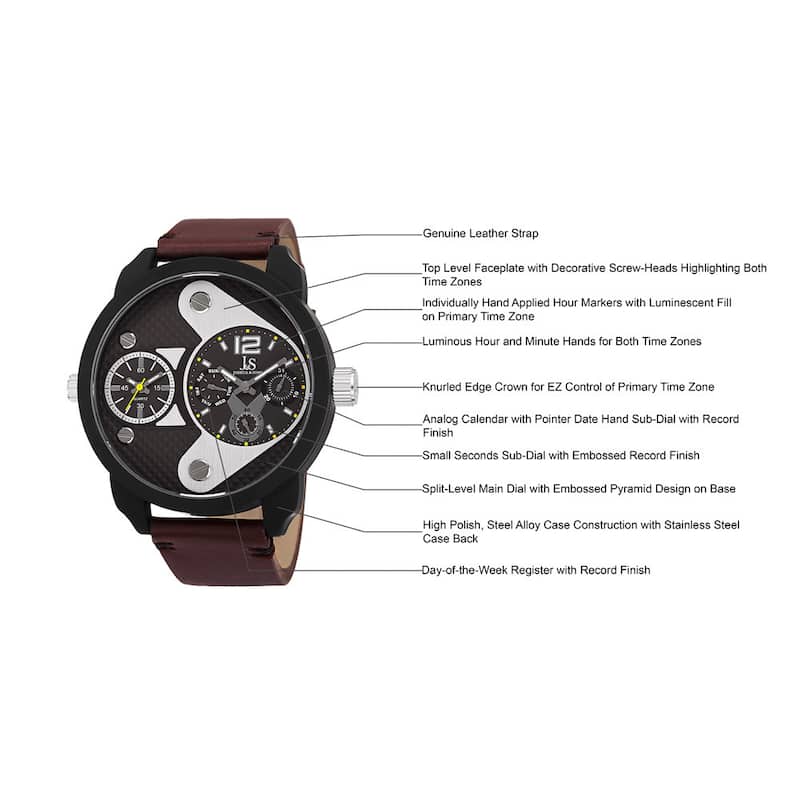Joshua & Sons Men's Quartz Multifunction Dual Time Leather Black Strap Watch