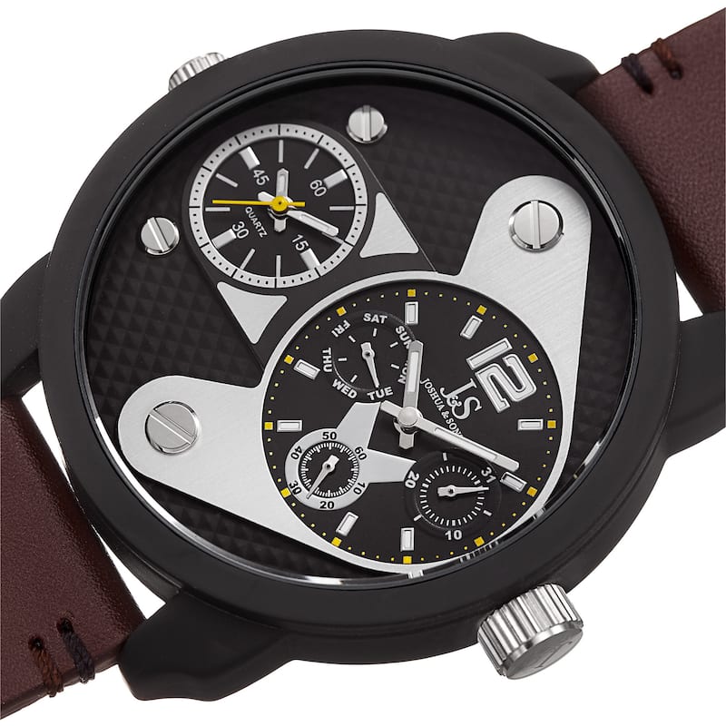 Joshua & Sons Men's Quartz Multifunction Dual Time Leather Black Strap Watch