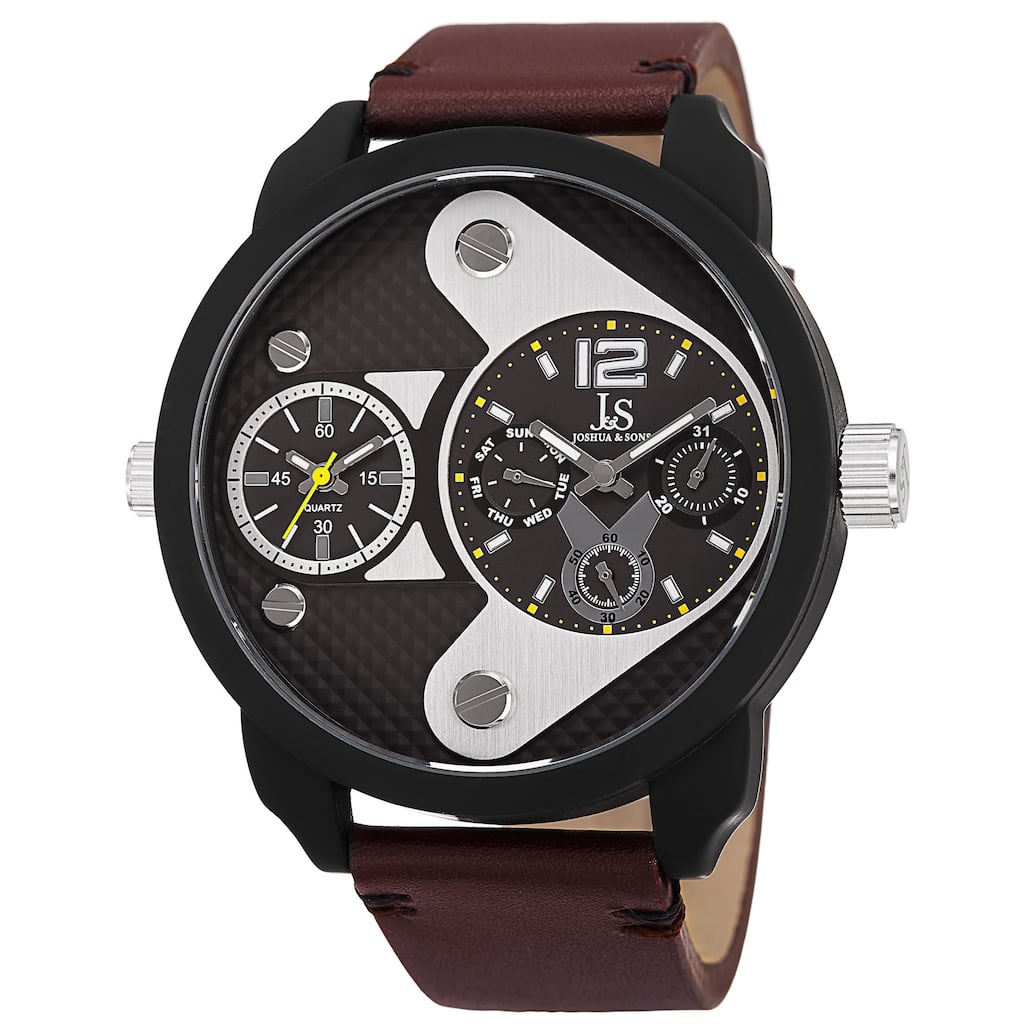 Joshua & Sons Men's Quartz Multifunction Dual Time Leather Black Strap Watch