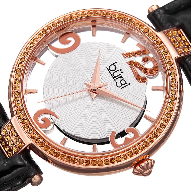Burgi Women's Quartz Transparent Dial Leather Black Strap Watch