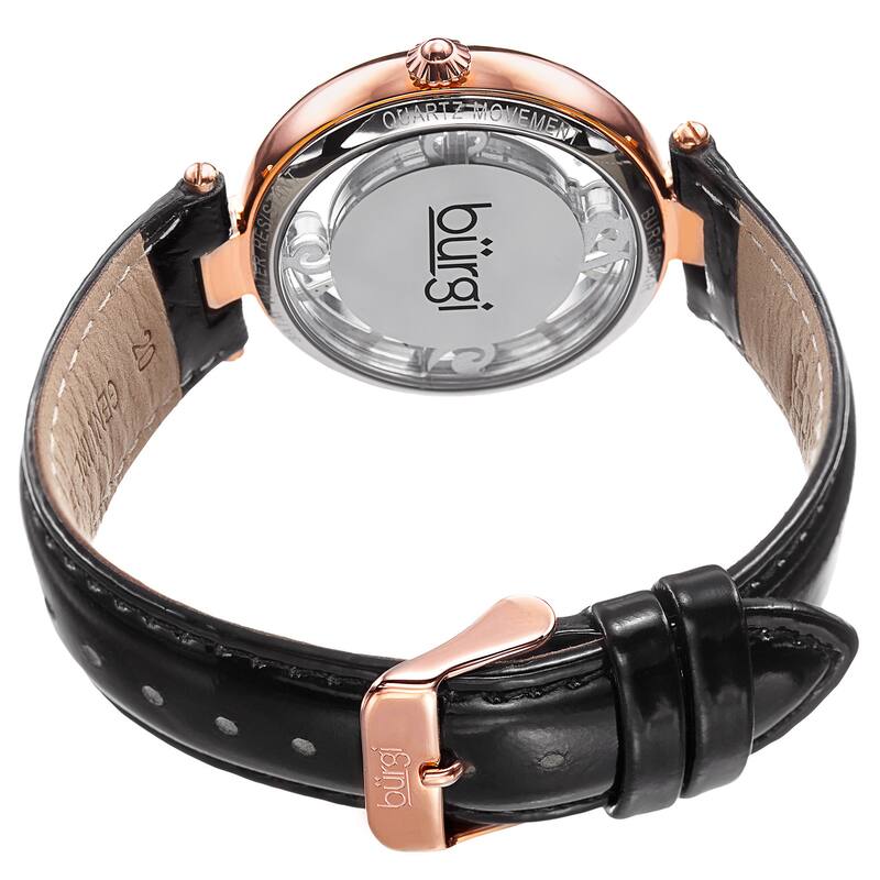 Burgi Women's Quartz Transparent Dial Leather Black Strap Watch