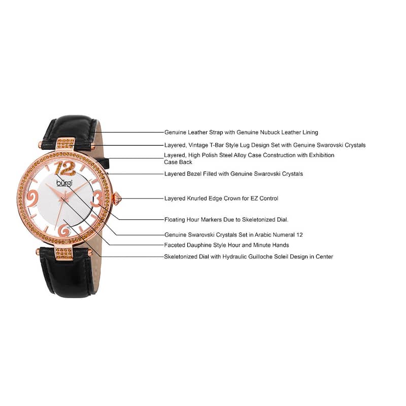 Burgi Women's Quartz Transparent Dial Leather Black Strap Watch