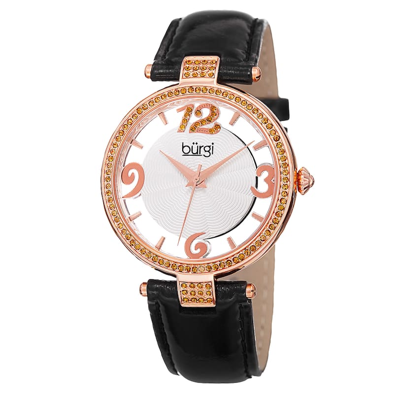 Burgi Women's Quartz Transparent Dial Leather Black Strap Watch