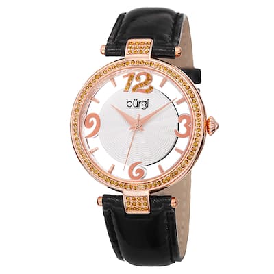 Burgi Women's Quartz Transparent Dial Leather Black Strap Watch