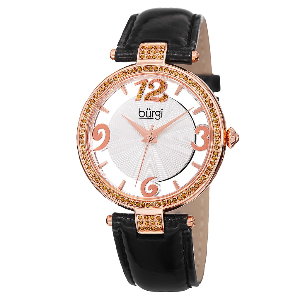 Burgi Women's Quartz Transparent Dial Leather Black Strap Watch