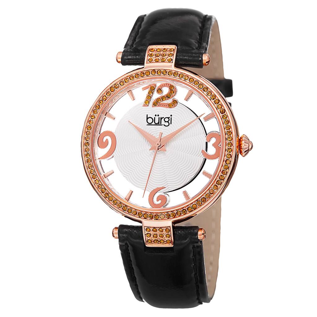 Burgi Women's Quartz Transparent Dial Leather Black Strap Watch
