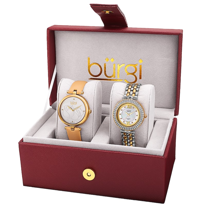 Burgi Women's Colorful Leather Gold-Tone Strap Alloy Bracelet 2-Piece Watch Set - GOLD