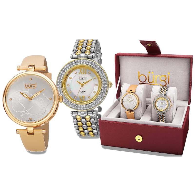 Burgi Women's Colorful Leather Gold-Tone Strap Alloy Bracelet 2-Piece Watch Set - GOLD