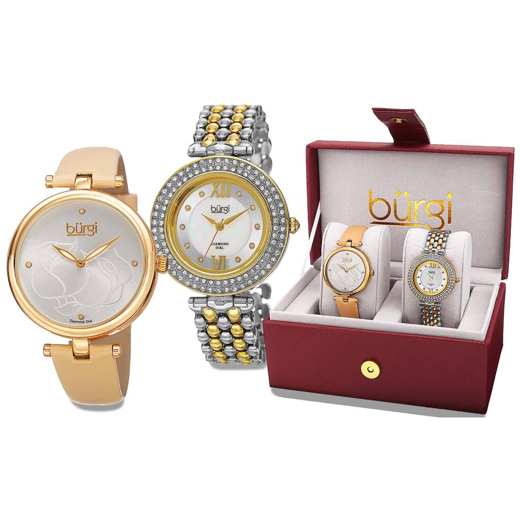 Burgi Women's Colorful Leather Gold-Tone Strap Alloy Bracelet 2-Piece Watch Set - GOLD