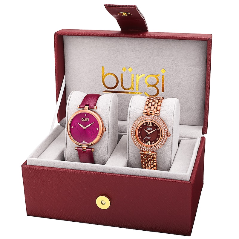 Burgi Women's Colorful Leather Rose-Tone Strap Alloy Bracelet 2-Piece Watch Set - Purple