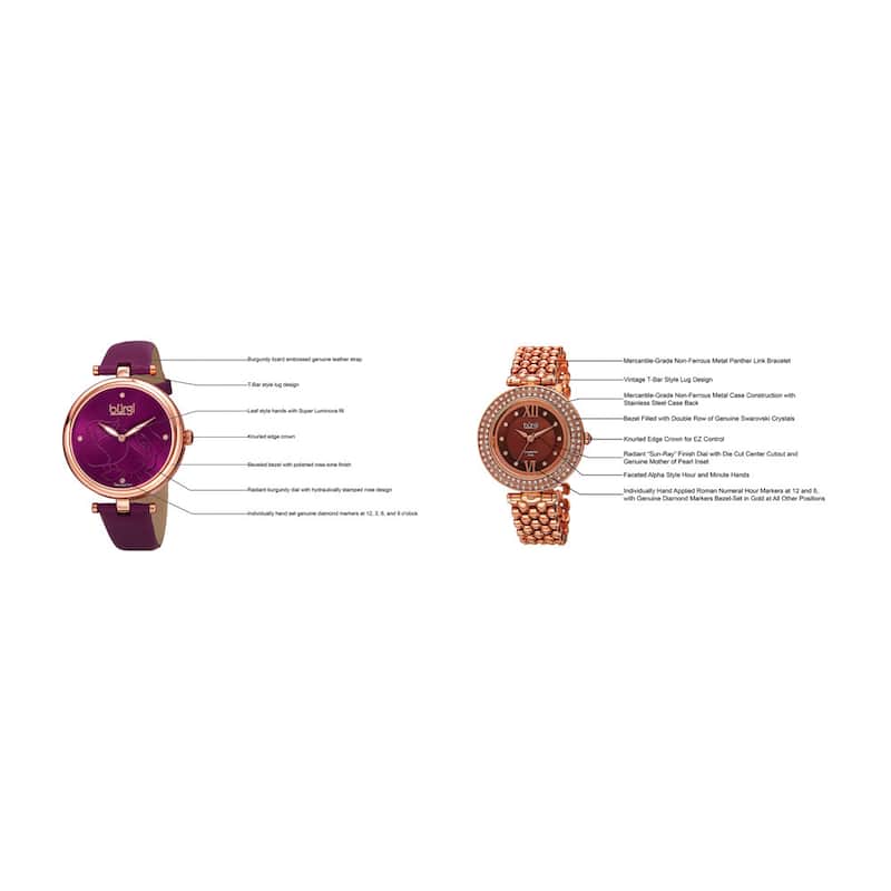 Burgi Women's Colorful Leather Rose-Tone Strap Alloy Bracelet 2-Piece Watch Set - Purple