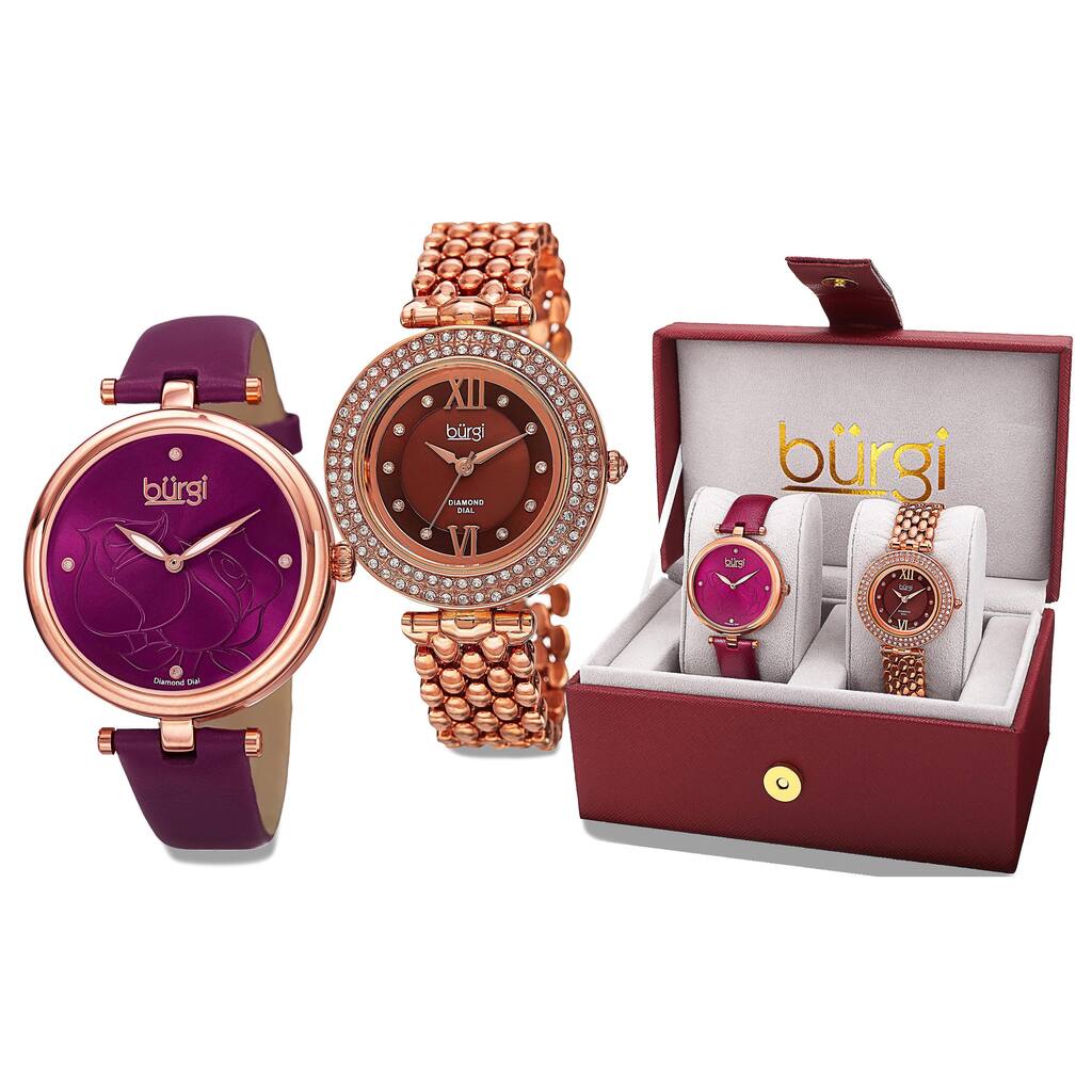 Burgi Women's Colorful Leather Rose-Tone Strap Alloy Bracelet 2-Piece Watch Set - Purple