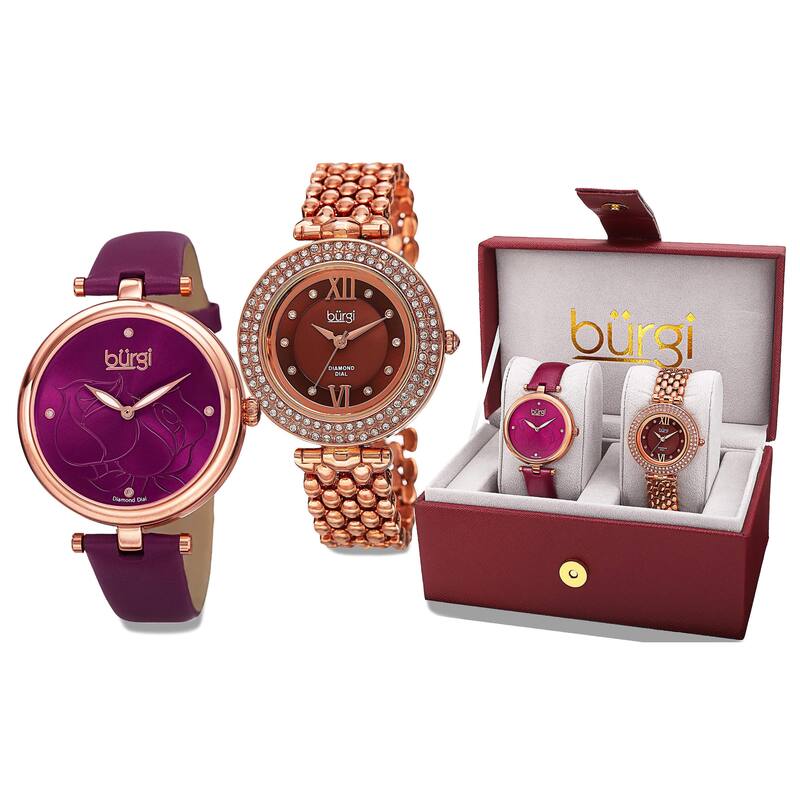 Burgi Women's Colorful Leather Rose-Tone Strap Alloy Bracelet 2-Piece Watch Set - Purple