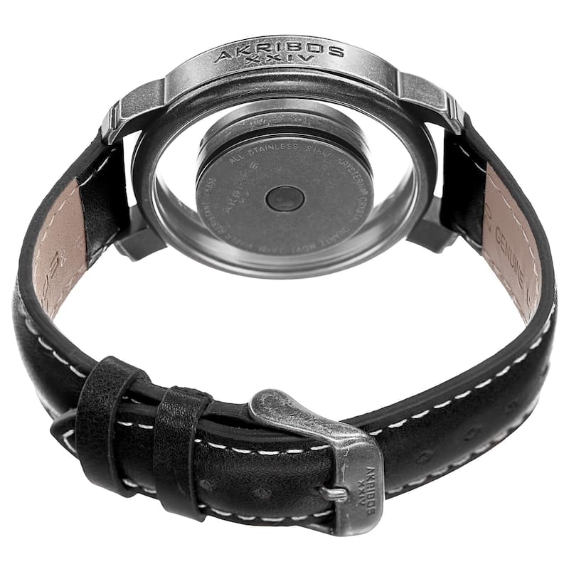 Akribos XXIV Men's Swiss Quartz Retro Style Transparent Dial Leather Silver-Tone Strap Watch - black