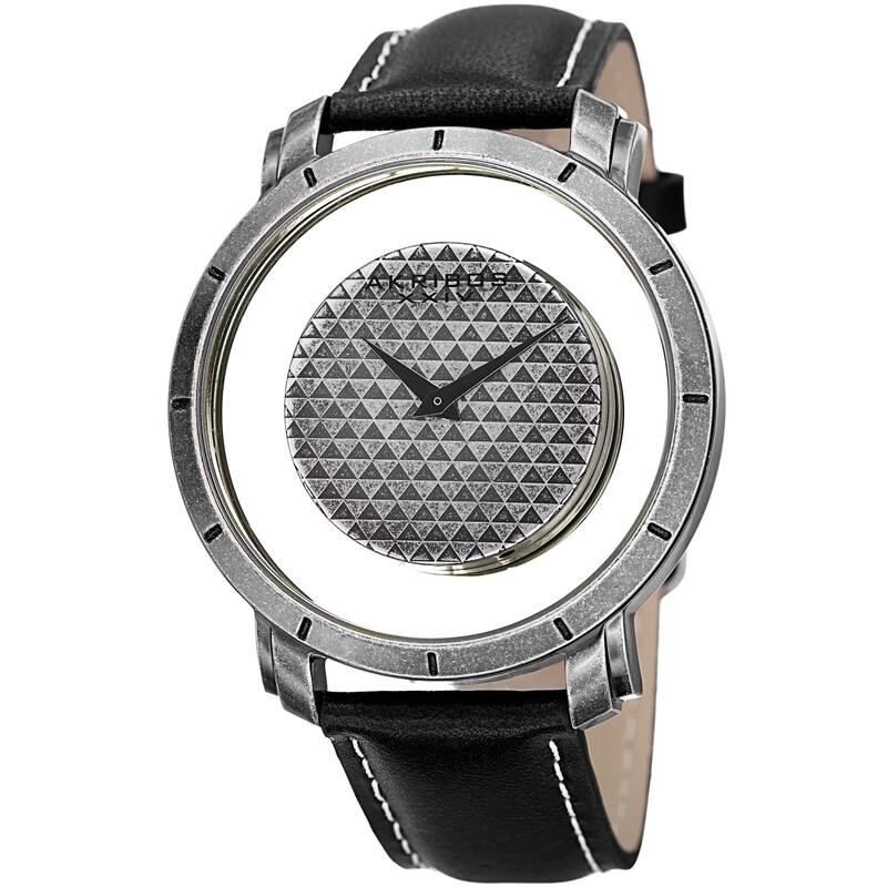 Akribos XXIV Men's Swiss Quartz Retro Style Transparent Dial Leather Silver-Tone Strap Watch - black