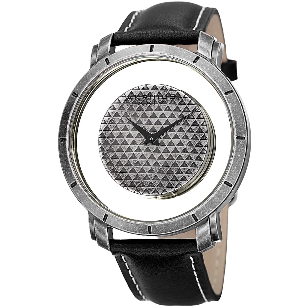 Akribos XXIV Men's Swiss Quartz Retro Style Transparent Dial Leather Silver-Tone Strap Watch - black