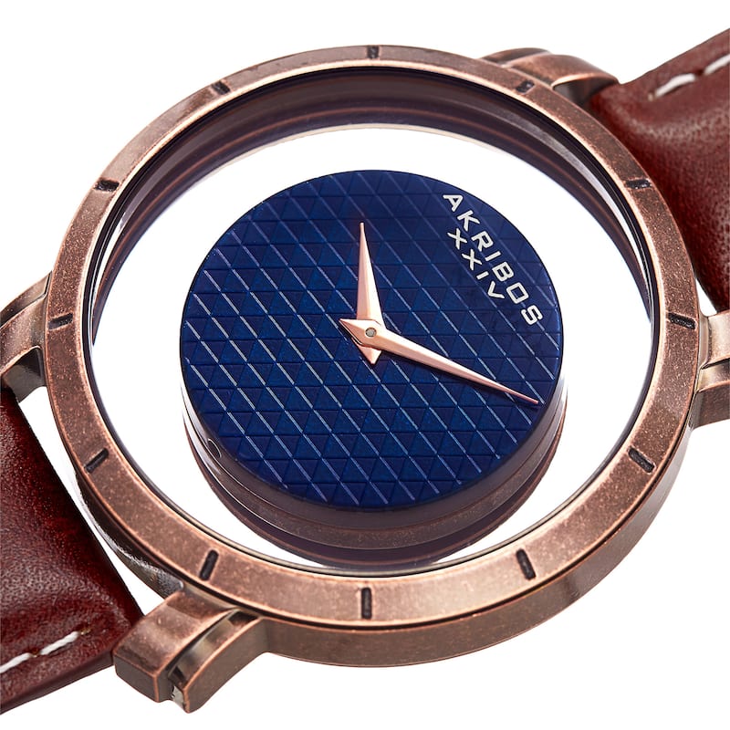 Akribos XXIV Men's Swiss Quartz Retro Style Transparent Dial Leather Rose-Tone Strap Watch - brown