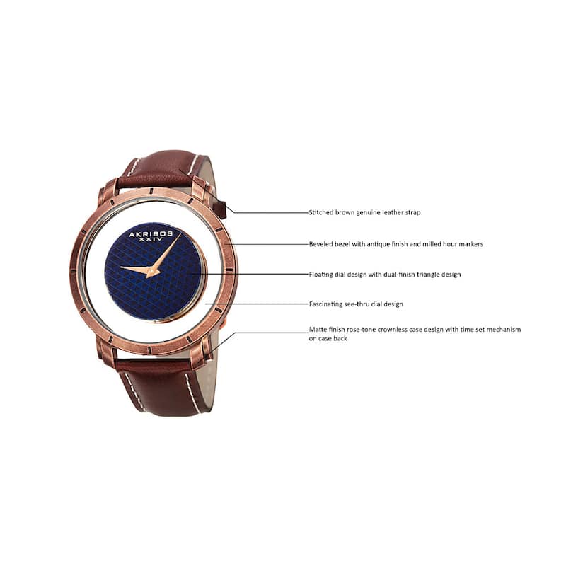 Akribos XXIV Men's Swiss Quartz Retro Style Transparent Dial Leather Rose-Tone Strap Watch - brown