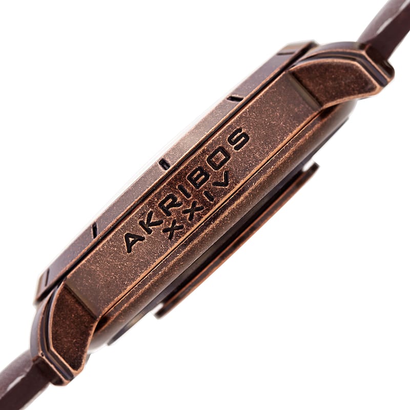 Akribos XXIV Men's Swiss Quartz Retro Style Transparent Dial Leather Rose-Tone Strap Watch - brown
