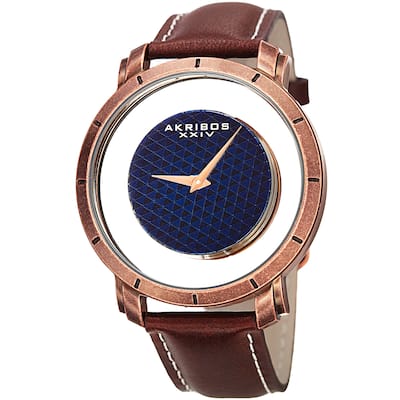 Akribos XXIV Men's Swiss Quartz Retro Style Transparent Dial Leather Rose-Tone Strap Watch - brown