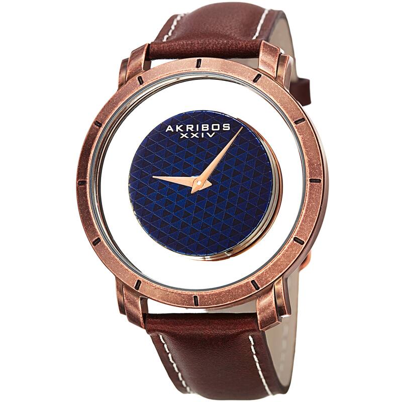 Akribos XXIV Men's Swiss Quartz Retro Style Transparent Dial Leather Rose-Tone Strap Watch - brown