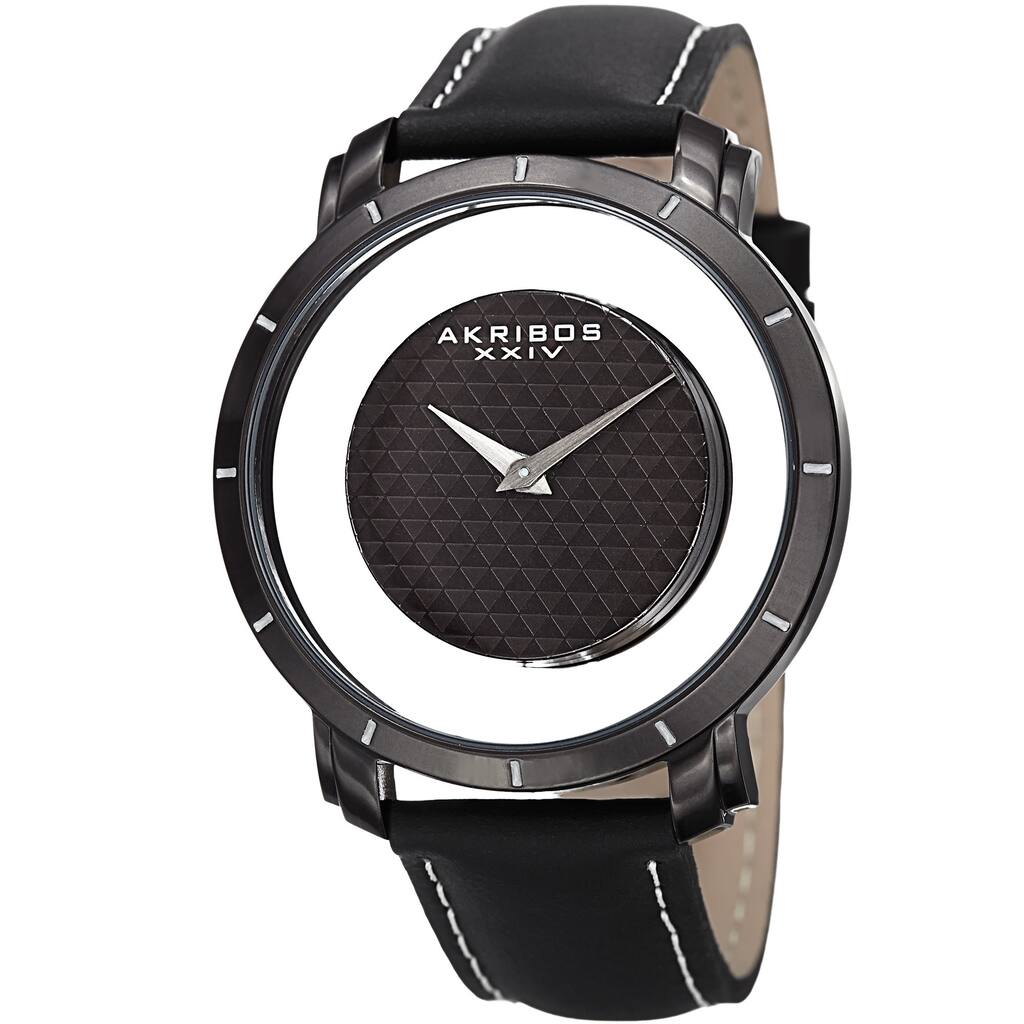 Akribos XXIV Men's Swiss Quartz Retro Style Transparent Dial Leather Black Strap Watch