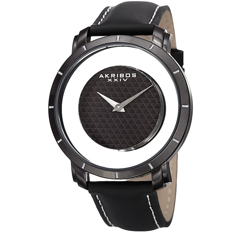 Akribos XXIV Men's Swiss Quartz Retro Style Transparent Dial Leather Black Strap Watch