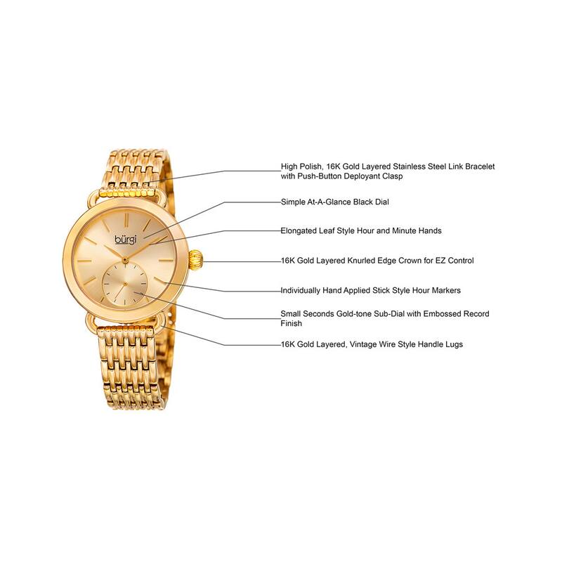 Burgi Women's Quartz Second Indicator Stainless Steel Gold-Tone Bracelet Watch - Gold