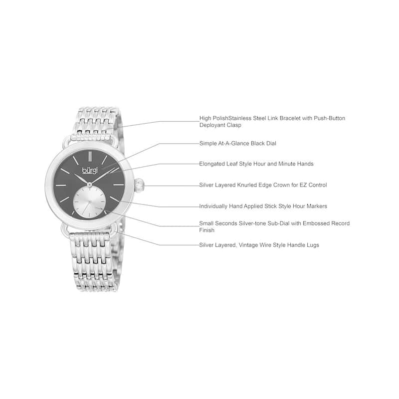 Burgi Women's Quartz Second Indicator Stainless Steel Silver-Tone Bracelet Watch - silver