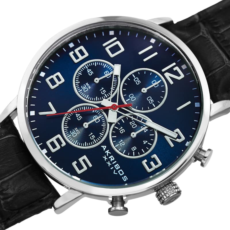 Akribos XXIV Men's Quartz Chronograph Leather Silver-Tone Strap Watch - Blue